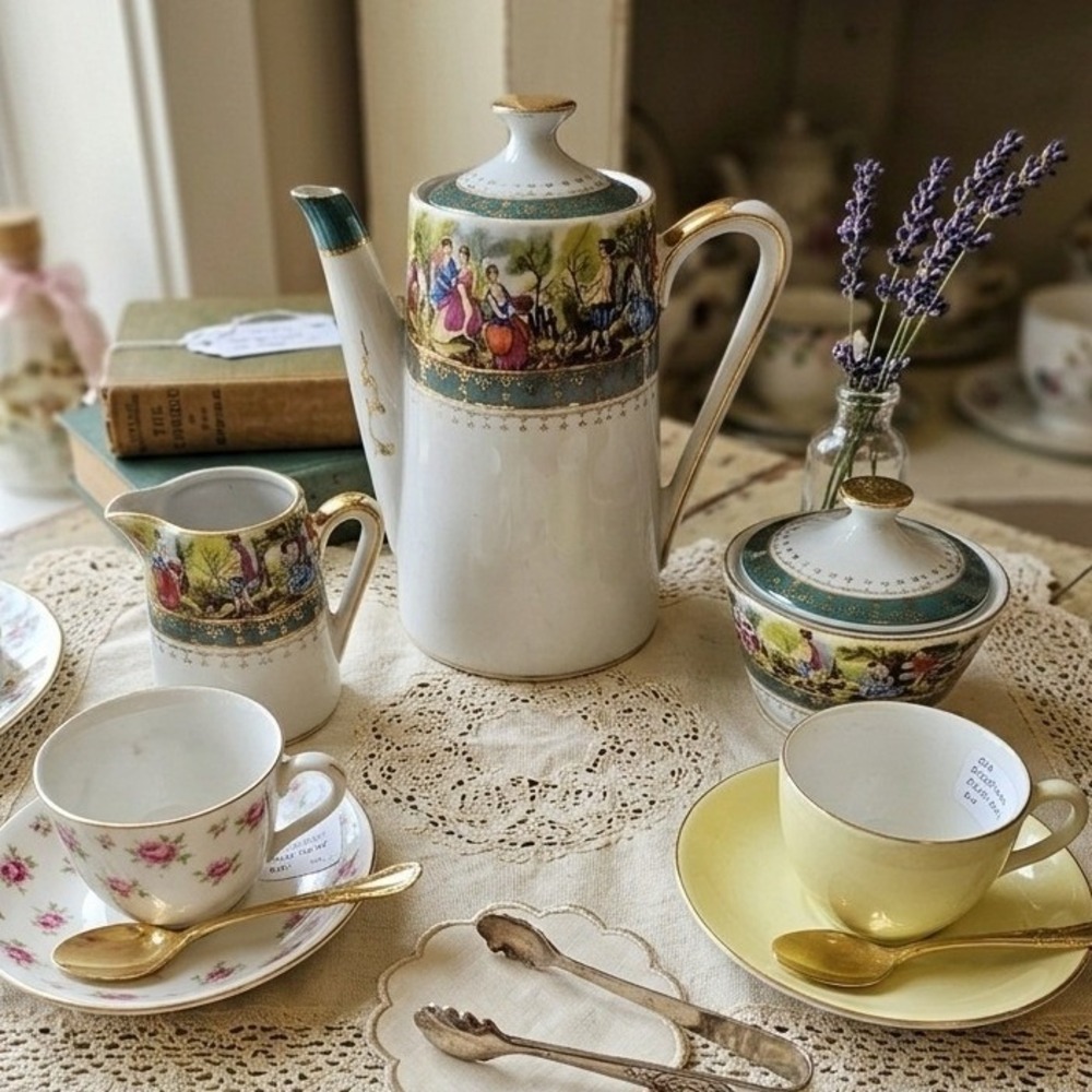 Vintage Fragonard Style Porcelain Tea Set‎ Teapot Sugar Creamer Courting Couple